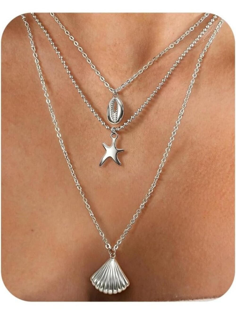 Women's Silver 3 Layered Shell Starfish Conch Pearl Pendant Necklace Non Tarnish